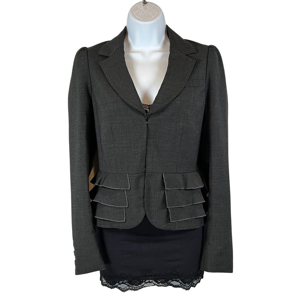 Rebecca Taylor Tiered Ruffle Peplum Blazer Wool Blend Charcoal Jacket Womens‎ 4